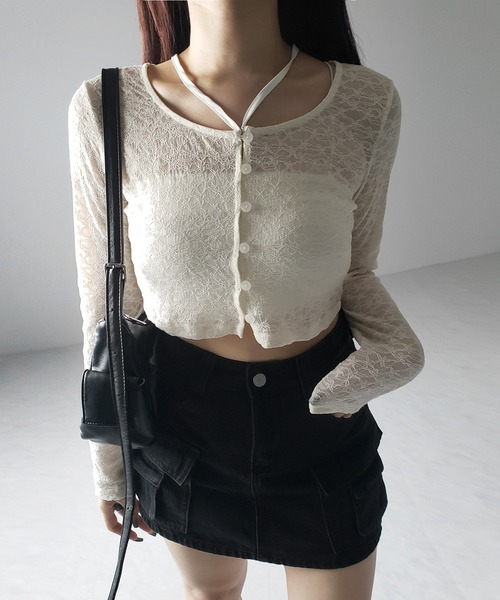 me+em select(ミームセレクト)の「【 2WAY 】クロスストラップリボンショートレースカーディガン / cross strap ribbon short lace cardigan(カーディガン/ボレロ・レディース・ブラック/アイボリー・FREE)」の17枚目の写真