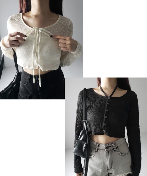me+em select(ミームセレクト)の「【 2WAY 】クロスストラップリボンショートレースカーディガン / cross strap ribbon short lace cardigan(カーディガン/ボレロ・レディース・ブラック/アイボリー・FREE)」の3枚目の写真