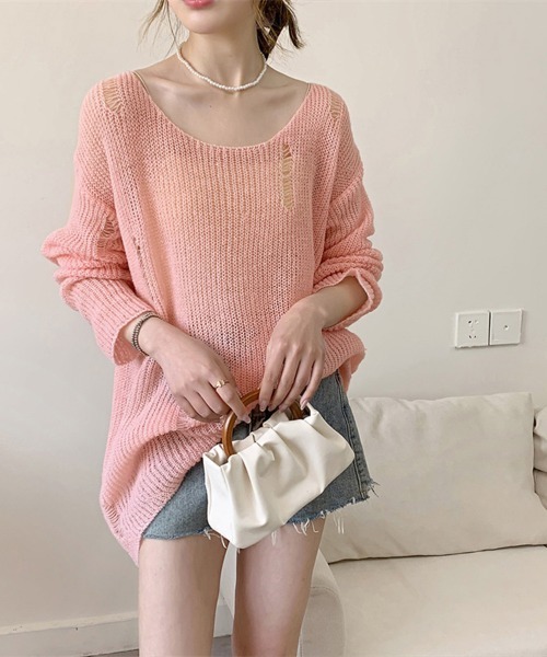 Miniministore（ミニミニストア）の「ニットトップス ダメージ入り ゆったり（ニット/セーター・レディース・ピンク/ダークグレー・FREE）」の2枚目の写真