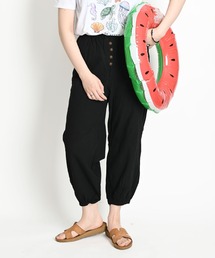 コットン フロントボタン ウエストゴム クロップドテーパードパンツ