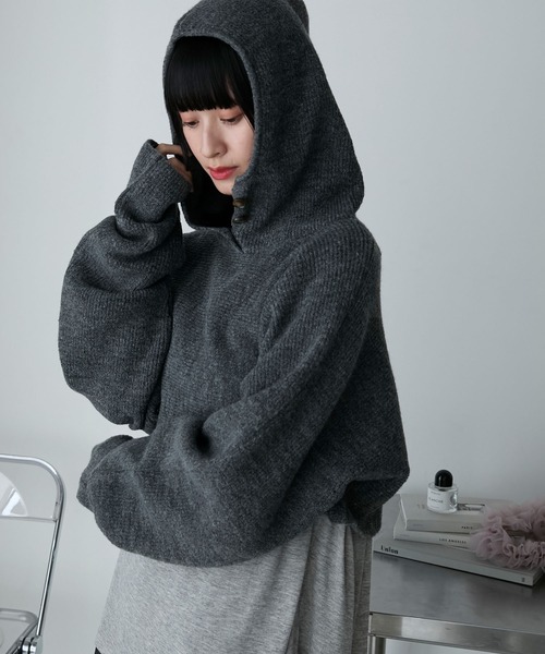 forksy.】クロップド丈フーディフィンガーホールニット/マフラー