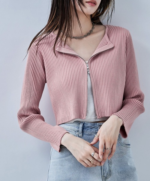 etoll.（エトル）の「ダブルジップリブニットカーディガン（カーディガン/ボレロ・レディース・ピンク/ナチュラル/ブラック/グレー・M）」の4枚目の写真