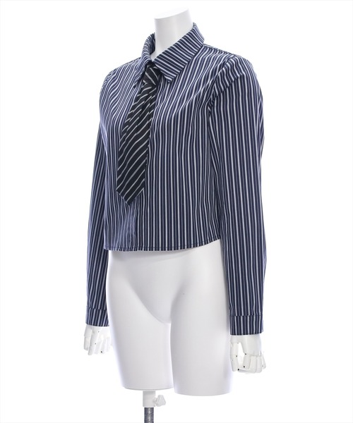 clear（クリア）の「ストライプ柄ネクタイ長袖シャツ［大人 カジュアル 着回し力抜群］≪再入荷≫（シャツ/ブラウス・レディース・ネイビー/ブルーグレー・F）」の12枚目の写真