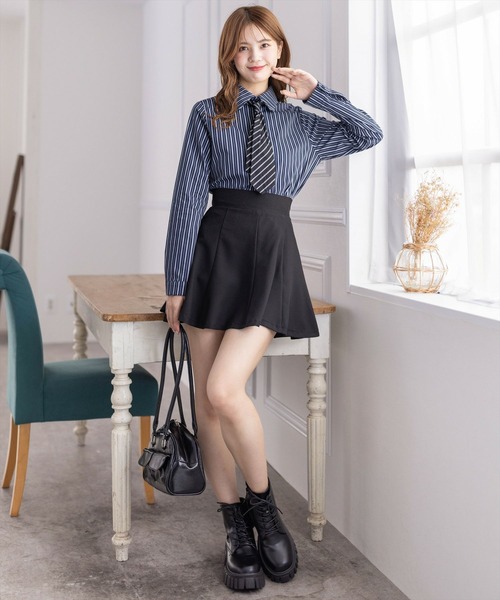 clear（クリア）の「ストライプ柄ネクタイ長袖シャツ［大人 カジュアル 着回し力抜群］≪再入荷≫（シャツ/ブラウス・レディース・ネイビー/ブルーグレー・F）」の8枚目の写真