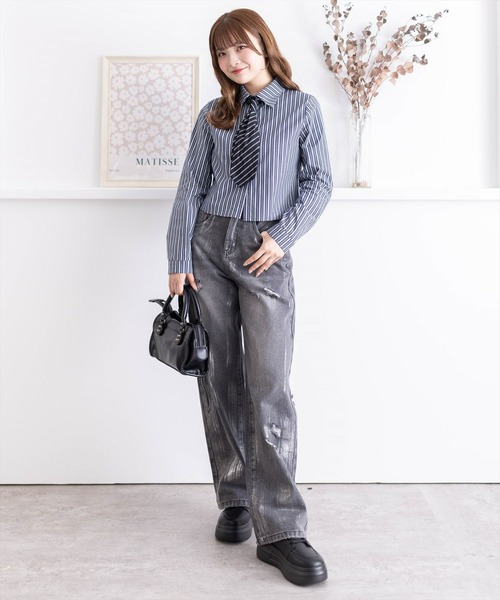 clear（クリア）の「ストライプ柄ネクタイ長袖シャツ［大人 カジュアル 着回し力抜群］≪再入荷≫（シャツ/ブラウス・レディース・ネイビー/ブルーグレー・F）」の11枚目の写真