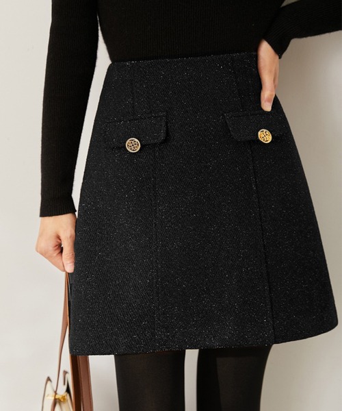 たーこちゃんyori ポケットウールミニスカート(black 36サイズ) 飾りポケット台形ミニスカート（スカート）｜IRADOWL（アイラドール