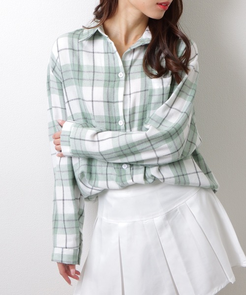 Lace Ladies(レースレディース)の「チェック柄 長袖 フロント ボタン シャツ(シャツ/ブラウス・レディース・ピンク/ベージュ/ネイビー/ミント/ブラック・M/XL)」の3枚目の写真