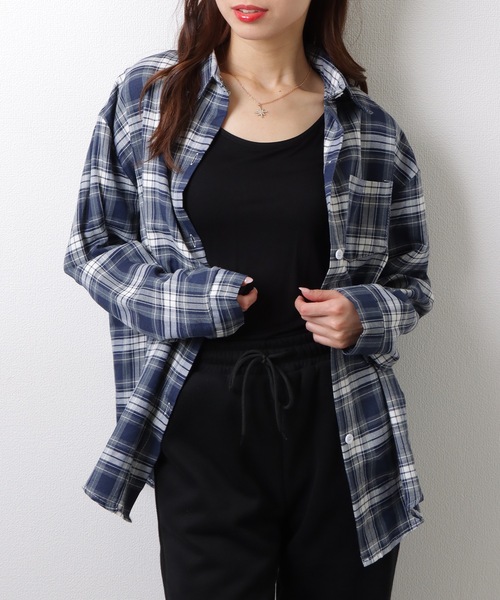 Lace Ladies(レースレディース)の「チェック柄 長袖 フロント ボタン シャツ(シャツ/ブラウス・レディース・ピンク/ベージュ/ネイビー/ミント/ブラック・M/XL)」の6枚目の写真
