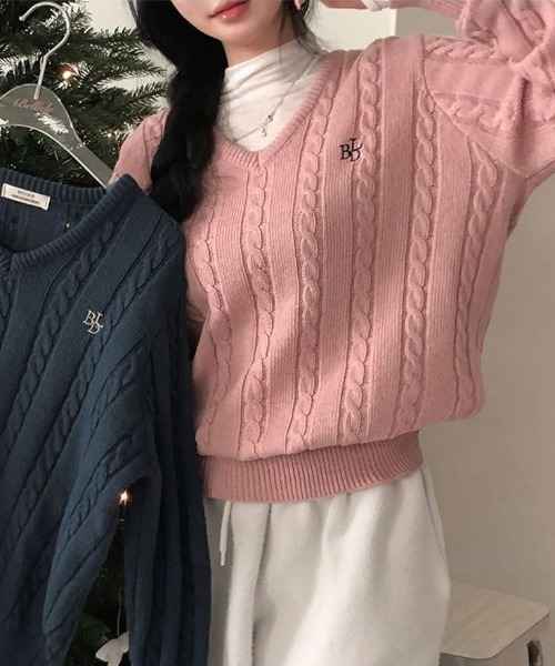 BEIDELLI（ベイデリー）の「[BELLIDE MADE] クレヨンケーブルVネックニット（ニット/セーター・レディース・ブルー/グレー/ブラック/ピンク/レッド・FREE）」の19枚目の写真