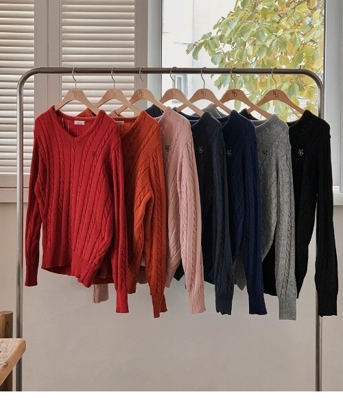 BEIDELLI（ベイデリー）の「[BELLIDE MADE] クレヨンケーブルVネックニット（ニット/セーター・レディース・ブルー/グレー/ブラック/ピンク/レッド・FREE）」の13枚目の写真