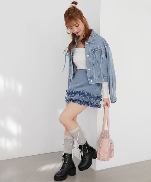 MAJESTIC LEGON(マジェスティックレゴン)の「ホイップフリルデニムスカパン(スカート・レディース・ネイビー/ブラック/サックスブルー/ピンク・MEDIUM)」の3枚目の写真