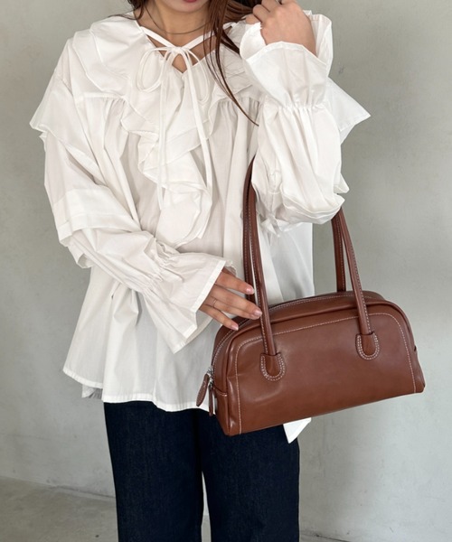 MYMOOD.（マイムード）の「ロングハンドル ボストンバッグ PUフルートバッグ（ハンドバッグ・レディース・カーキ/ブラック/ブラウン・FREE）」の4枚目の写真