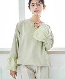 【150㎝前後の小柄さんサイズ】フレアスリーブ キーネックブラウス