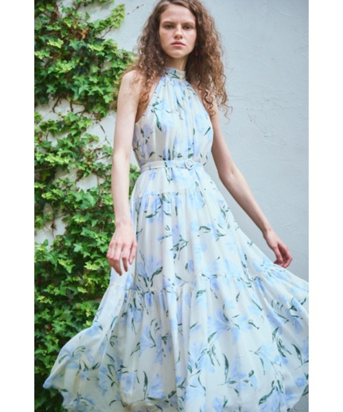 Positano Belted long Dress プリントホルターネックティアード