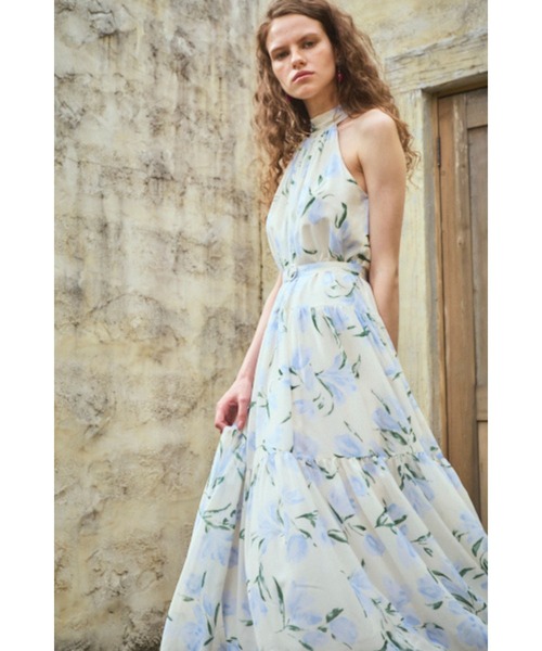 Positano Belted long Dress プリントホルターネックティアード