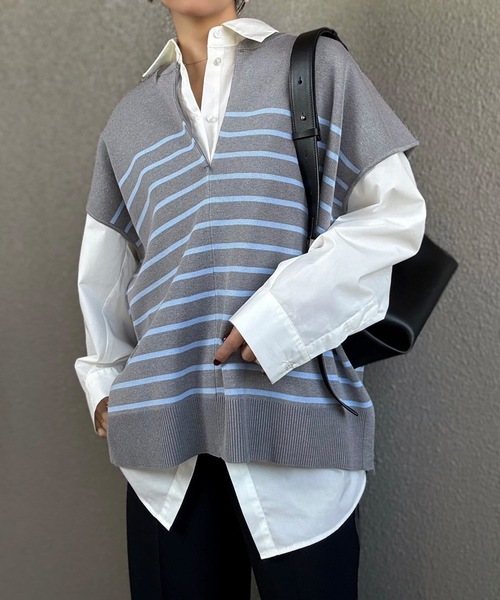 【美品】TFW49 襟付きニット　ホワイト　ネイビー 家庭洗濯可！】フロント2wayニットトップス Emma Taylor│STYLEDOOR