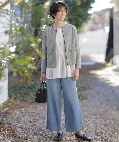 J.PRESS(ジェイプレス)の「【洗える】Calameraリングメッシュ ジャケット(ノーカラージャケット・レディース・ブラウン系5/ブラック系5・T13/T17/T15)」の3枚目の写真
