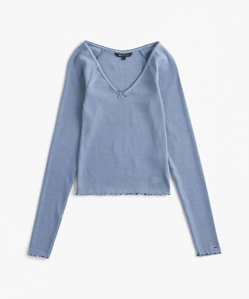 tommy jeans(トミー ジーンズ)の「スリムVネックガーメントダイリブカットソー(Tシャツ/カットソー・レディース・ホワイト/ブルー・MEDIUM/SMALL/X-SMALL)」の6枚目の写真