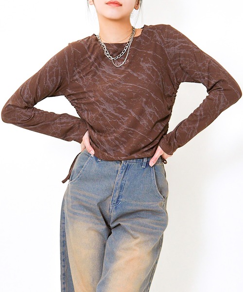 GORGE(ゴージ)の「《ムラ柄×サイドドロスト》レディース 長袖カットソー クロップド風 ストリート 春秋(Tシャツ/カットソー・レディース・チャコール/ライトグレー/ブラウン・F)」の1枚目の写真