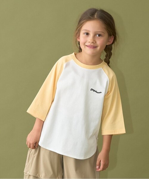b・ROOM（ビールーム）の「【カイテキ天竺】ビッグシルエット7分袖ラグランTシャツ（Tシャツ/カットソー・キッズ・ライトベージュ/ダークグリーン/ブラック/パープル/マスタード・120cm/110cm/130cm/150cm/140cm/100cm）」の2枚目の写真