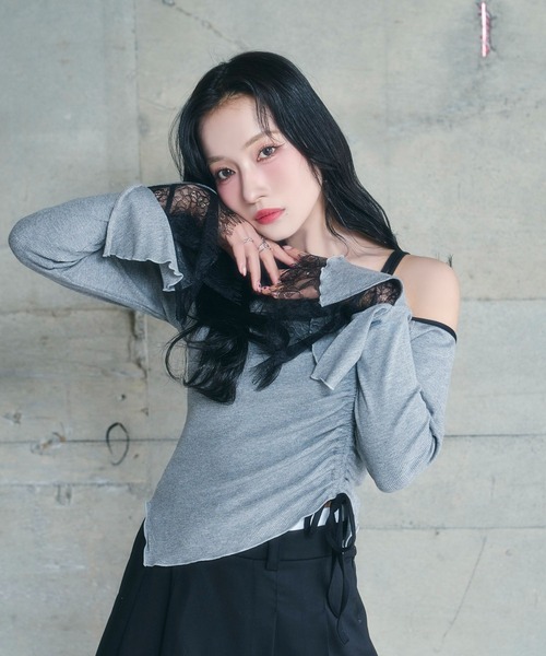 ANDGEEBEE（アンジービー）の「ギャザーリボンリブトップス（Tシャツ/カットソー・レディース・グレー/ブラック・FREE）」の4枚目の写真