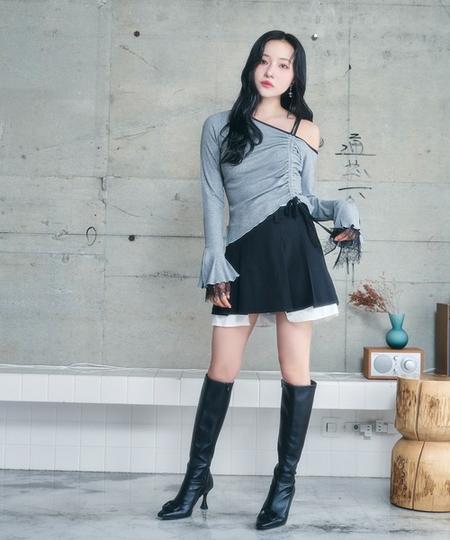 ANDGEEBEE（アンジービー）の「ギャザーリボンリブトップス（Tシャツ/カットソー・レディース・グレー/ブラック・FREE）」の6枚目の写真