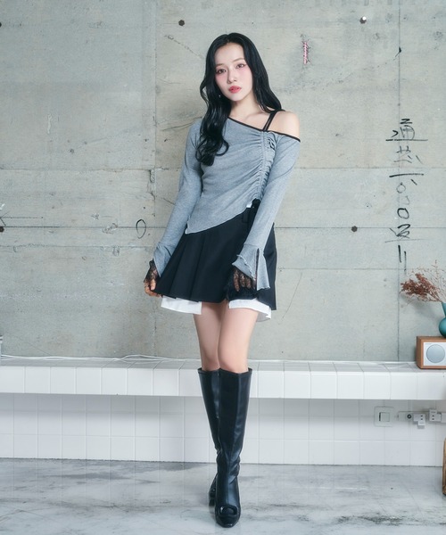 ANDGEEBEE（アンジービー）の「ギャザーリボンリブトップス（Tシャツ/カットソー・レディース・グレー/ブラック・FREE）」の7枚目の写真