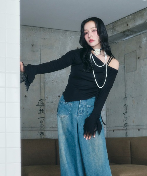 ANDGEEBEE（アンジービー）の「ギャザーリボンリブトップス（Tシャツ/カットソー・レディース・グレー/ブラック・FREE）」の11枚目の写真