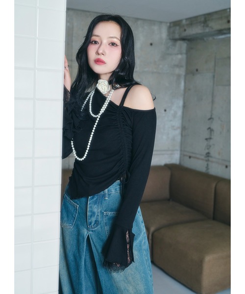 ANDGEEBEE（アンジービー）の「ギャザーリボンリブトップス（Tシャツ/カットソー・レディース・グレー/ブラック・FREE）」の12枚目の写真