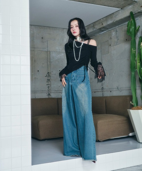 ANDGEEBEE（アンジービー）の「ギャザーリボンリブトップス（Tシャツ/カットソー・レディース・グレー/ブラック・FREE）」の13枚目の写真