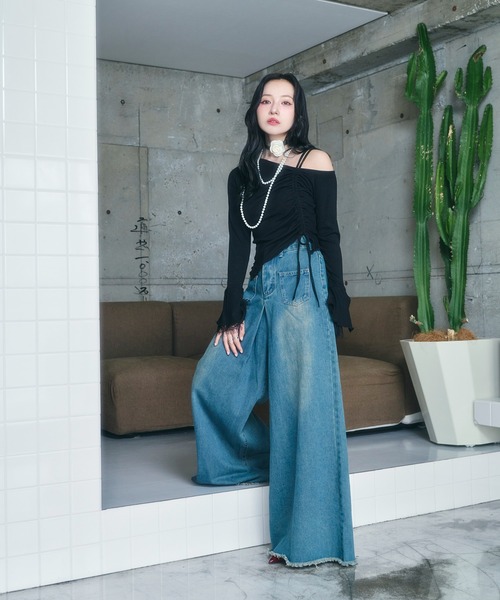 ANDGEEBEE（アンジービー）の「ギャザーリボンリブトップス（Tシャツ/カットソー・レディース・グレー/ブラック・FREE）」の14枚目の写真