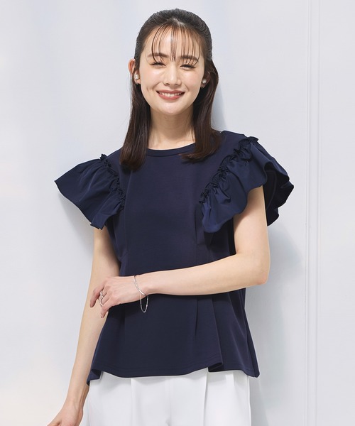RUIRUE BOUTIQUE(ルイルエブティック)の「洗える ストレッチ | 前後2way コンビネーション ウエストタック Tシャツ | レディース フレンチスリーブ 半袖 フリル 体型カバー 無地 カットソー トップス(シャツ/ブラウス・レディース・ネイビー/ホワイト/ブラック・S/M/L/LL)」の3枚目の写真