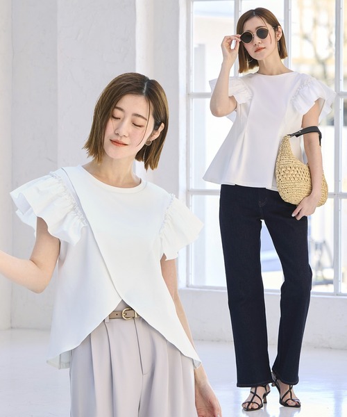 ブラウス シャツ 洗える ストレッチ ｜ 前後2way コンビネーション ウエストタック Tシャツ ｜ レディース フレンチスリーブ 半袖 フリル 体 洗える ストレッチ ｜ 前後2way コンビネーション ウエスト