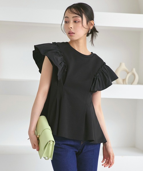 RUIRUE BOUTIQUE(ルイルエブティック)の「洗える ストレッチ | 前後2way コンビネーション ウエストタック Tシャツ | レディース フレンチスリーブ 半袖 フリル 体型カバー 無地 カットソー トップス(シャツ/ブラウス・レディース・ネイビー/ホワイト/ブラック・S/M/L/LL)」の1枚目の写真