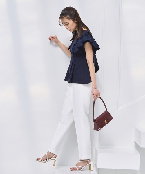 ブラウス シャツ 洗える ストレッチ ｜ 前後2way コンビネーション ウエストタック Tシャツ ｜ レディース フレンチスリーブ 半袖 フリル 体 洗える ストレッチ ｜ 前後2way コンビネーション ウエスト