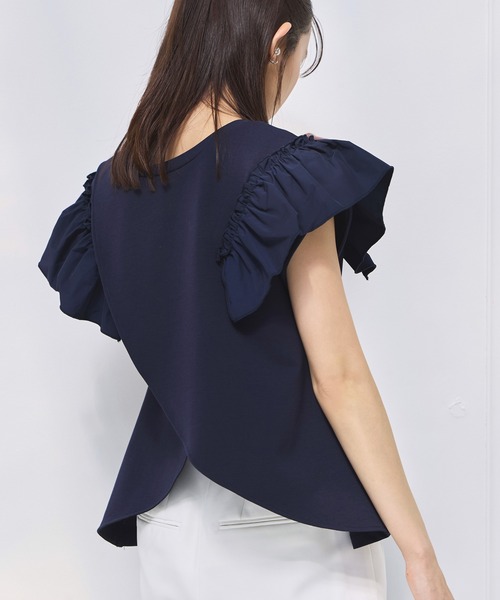 RUIRUE BOUTIQUE(ルイルエブティック)の「洗える ストレッチ | 前後2way コンビネーション ウエストタック Tシャツ | レディース フレンチスリーブ 半袖 フリル 体型カバー 無地 カットソー トップス(シャツ/ブラウス・レディース・ネイビー/ホワイト/ブラック・S/M/L/LL)」の14枚目の写真