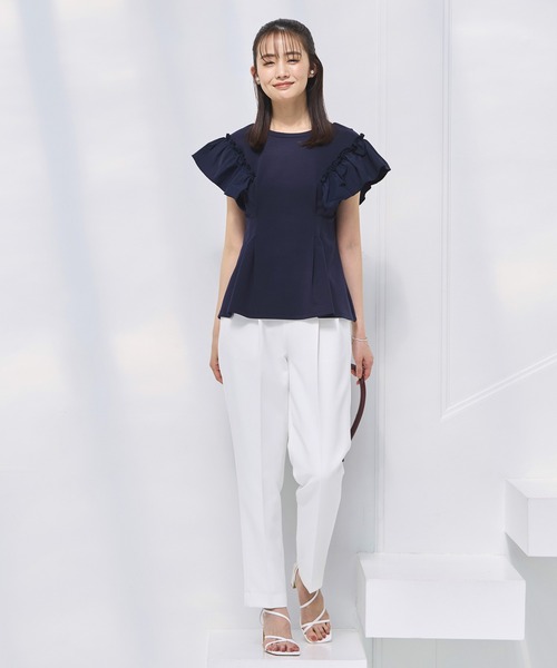 ブラウス シャツ 洗える ストレッチ ｜ 前後2way コンビネーション ウエストタック Tシャツ ｜ レディース フレンチスリーブ 半袖 フリル 体 洗える ストレッチ ｜ 前後2way コンビネーション ウエスト