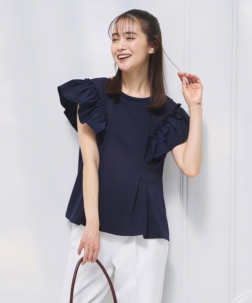 ブラウス シャツ 洗える ストレッチ ｜ 前後2way コンビネーション ウエストタック Tシャツ ｜ レディース フレンチスリーブ 半袖 フリル 体 洗える ストレッチ ｜ 前後2way コンビネーション ウエスト