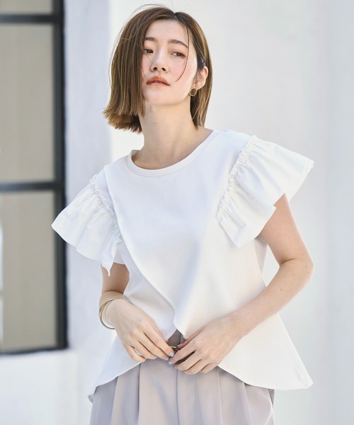 ブラウス シャツ 洗える ストレッチ ｜ 前後2way コンビネーション ウエストタック Tシャツ ｜ レディース フレンチスリーブ 半袖 フリル 体 洗える ストレッチ ｜ 前後2way コンビネーション ウエスト