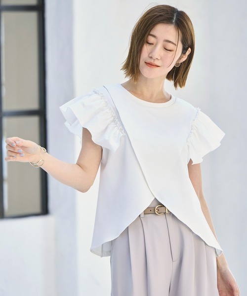 RUIRUE BOUTIQUE(ルイルエブティック)の「洗える ストレッチ | 前後2way コンビネーション ウエストタック Tシャツ | レディース フレンチスリーブ 半袖 フリル 体型カバー 無地 カットソー トップス(シャツ/ブラウス・レディース・ネイビー/ホワイト/ブラック・S/M/L/LL)」の8枚目の写真