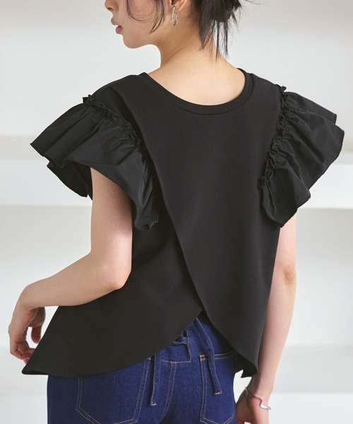 RUIRUE BOUTIQUE(ルイルエブティック)の「洗える ストレッチ | 前後2way コンビネーション ウエストタック Tシャツ | レディース フレンチスリーブ 半袖 フリル 体型カバー 無地 カットソー トップス(シャツ/ブラウス・レディース・ネイビー/ホワイト/ブラック・S/M/L/LL)」の10枚目の写真