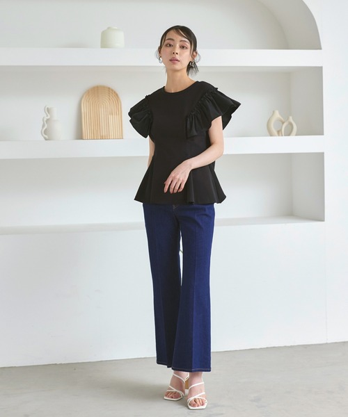 ブラウス シャツ 洗える ストレッチ ｜ 前後2way コンビネーション ウエストタック Tシャツ ｜ レディース フレンチスリーブ 半袖 フリル 体 洗える ストレッチ ｜ 前後2way コンビネーション ウエスト