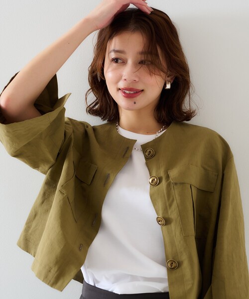 UNTITLED（アンタイトル）の「【トレンド/七分袖】タイプライター ノーカラージャケット（ノーカラージャケット・レディース・ブラック/カーキ・00/01/02/03/04/42/44/46/48/50）」の2枚目の写真