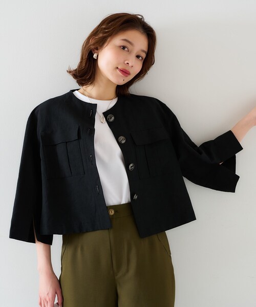 UNTITLED（アンタイトル）の「【トレンド/七分袖】タイプライター ノーカラージャケット（ノーカラージャケット・レディース・ブラック/カーキ・00/01/02/03/04/42/44/46/48/50）」の4枚目の写真