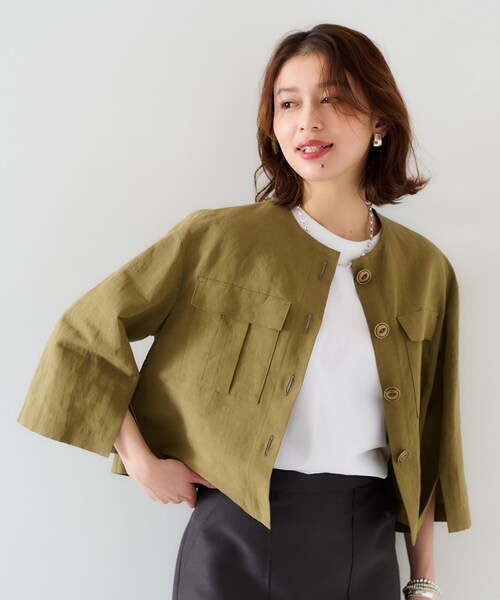 UNTITLED（アンタイトル）の「【トレンド/七分袖】タイプライター ノーカラージャケット（ノーカラージャケット・レディース・ブラック/カーキ・00/01/02/03/04/42/44/46/48/50）」の7枚目の写真