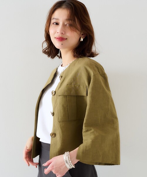 UNTITLED（アンタイトル）の「【トレンド/七分袖】タイプライター ノーカラージャケット（ノーカラージャケット・レディース・ブラック/カーキ・00/01/02/03/04/42/44/46/48/50）」の8枚目の写真