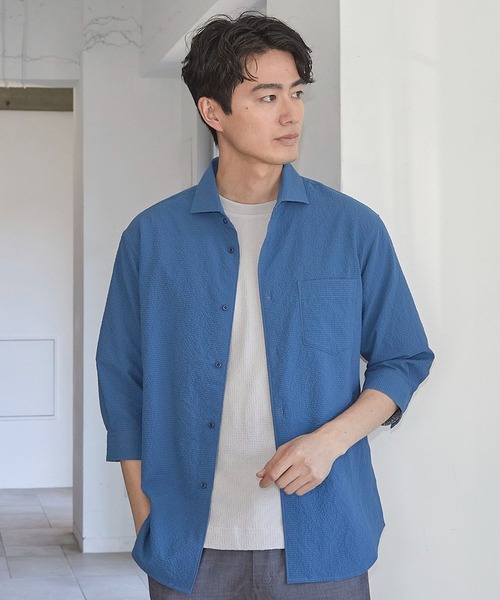 UNION STATION（ユニオンステーション）の「サッカードッツ7分袖シャツ（シャツ/ブラウス・メンズ・ブラック/ブルー/ベージュ/ホワイト・M/L/LL/S）」の4枚目の写真