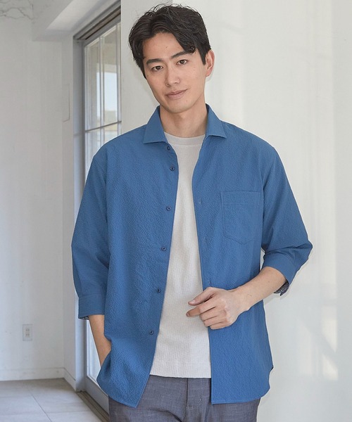 UNION STATION（ユニオンステーション）の「サッカードッツ7分袖シャツ（シャツ/ブラウス・メンズ・ブラック/ブルー/ベージュ/ホワイト・M/L/LL/S）」の10枚目の写真