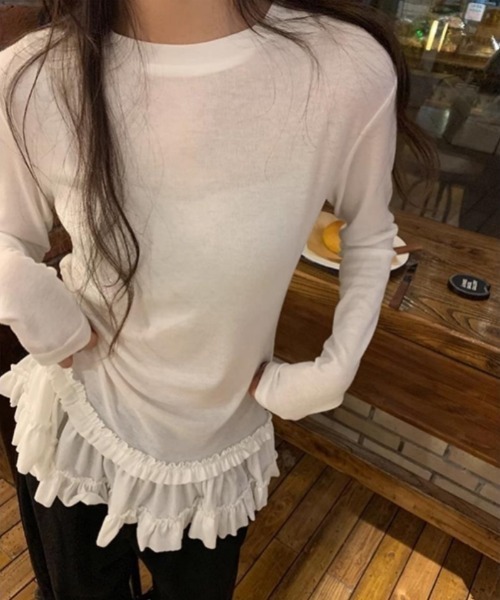 Ritzy(リッツィー)の「シースルー 裾フリルレイヤード カットソー(Tシャツ/カットソー・レディース・ホワイト/ブラック・S/M/L/XL)」の2枚目の写真