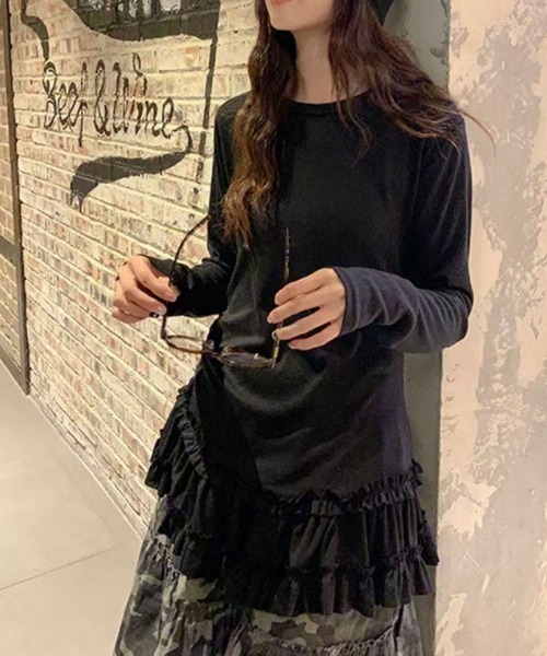 Ritzy(リッツィー)の「シースルー 裾フリルレイヤード カットソー(Tシャツ/カットソー・レディース・ホワイト/ブラック・S/M/L/XL)」の1枚目の写真